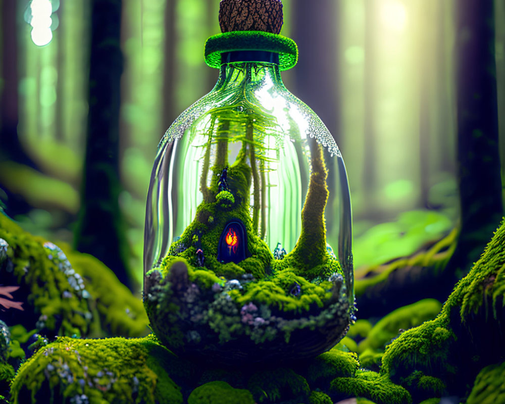 Glass Bottle with Cork Stopper: Miniature Green Forest in Real Forest Setting