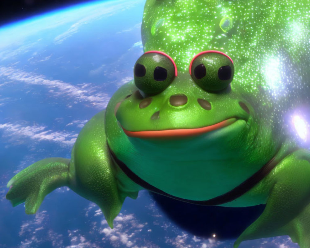 Green Frog with Multiple Eyes in Space with Earth Background