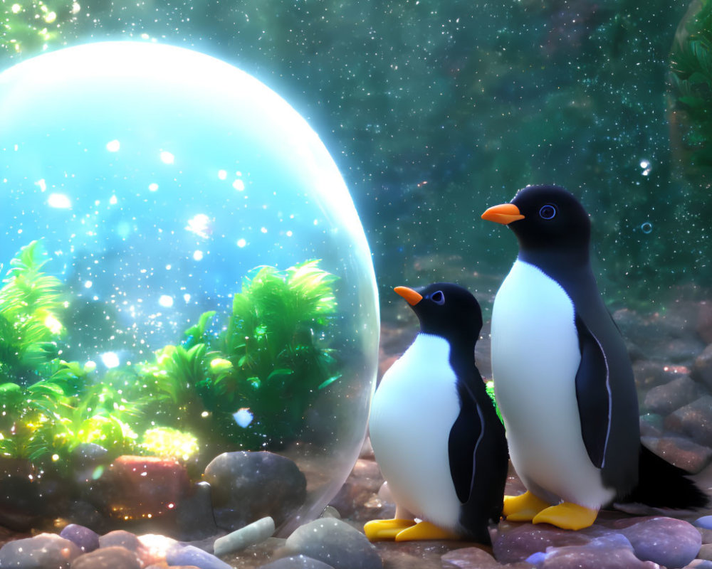 Animated penguins admiring glowing orb in foliage under starry sky