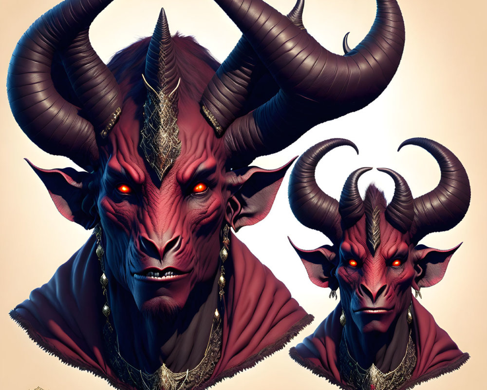 Illustrations of red demon with curving horns and glowing eyes in dark outfit