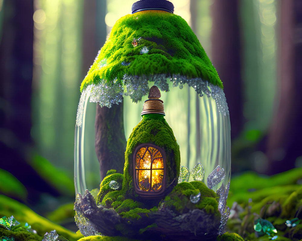 Miniature Moss-Covered House in Glass Bulb with Forest Scene