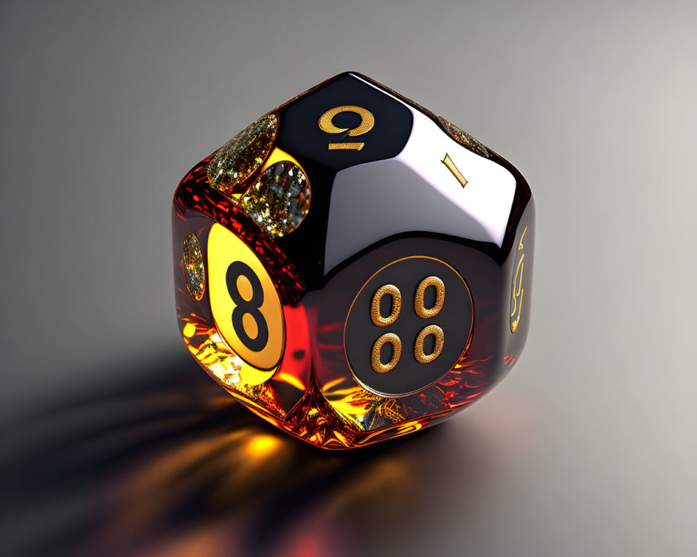 Shiny black dice with gold numbers and gemstone corners.