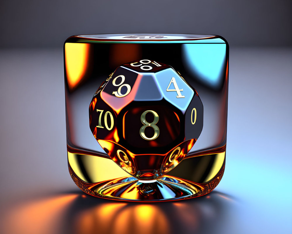 Translucent 20-sided die in glossy cube on gradient background with colorful refractions