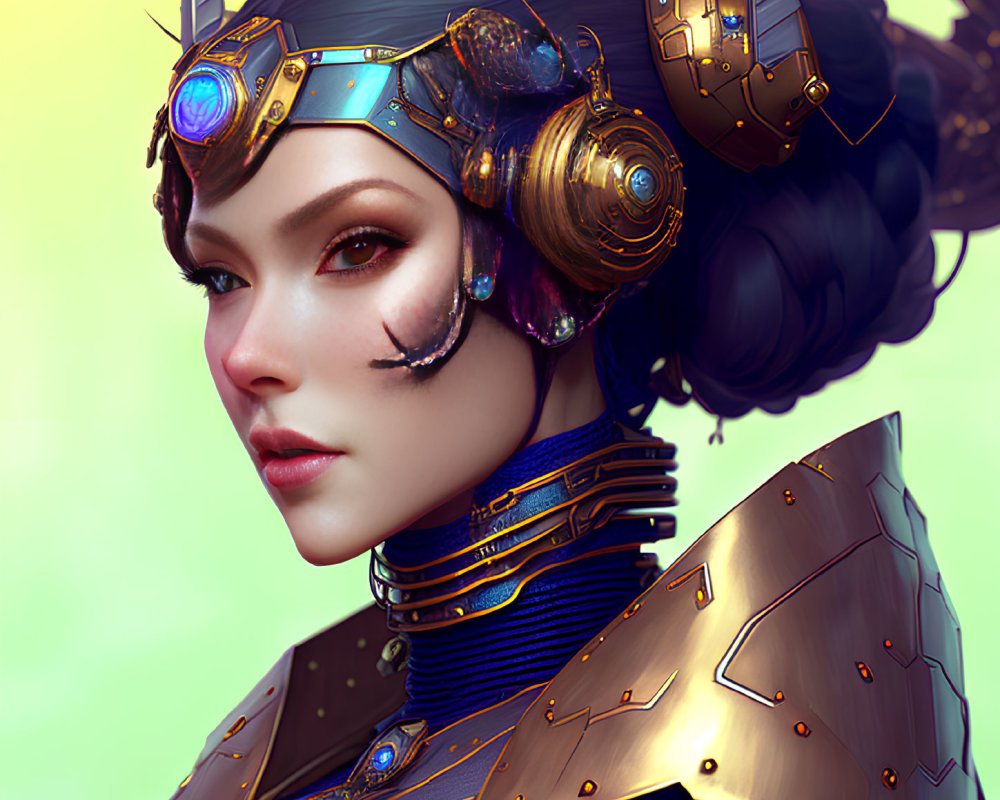 Futuristic digital artwork of woman in armor helmet with glowing blue eyes