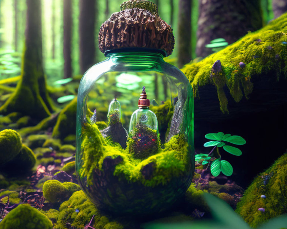 Glass jar with cork lid, bottle, and mushrooms in mossy forest setting with soft sunlight.