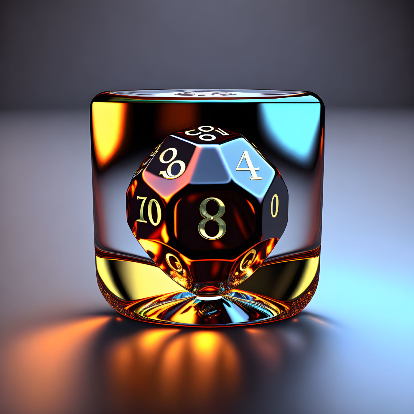 Translucent 20-sided die in glossy cube on gradient background with colorful refractions