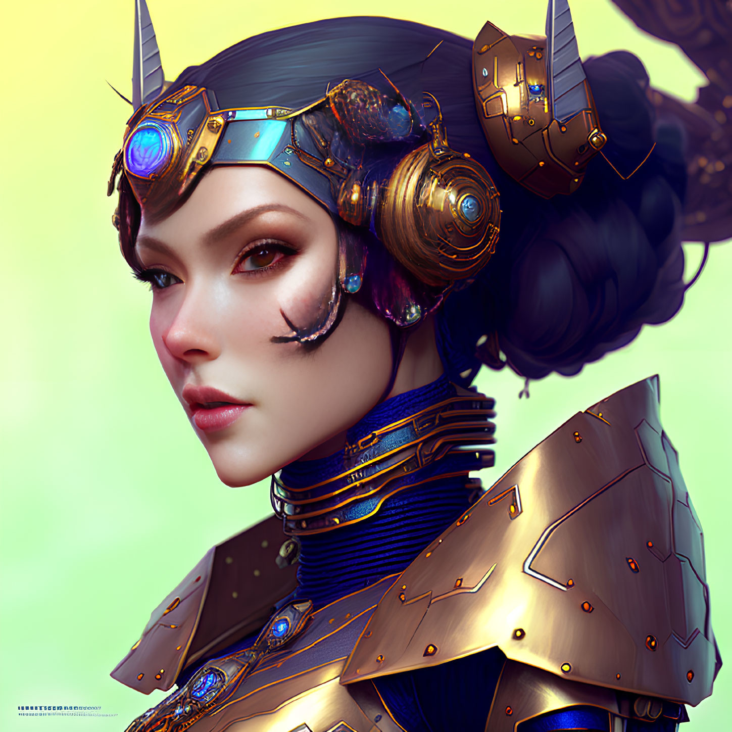 Futuristic digital artwork of woman in armor helmet with glowing blue eyes