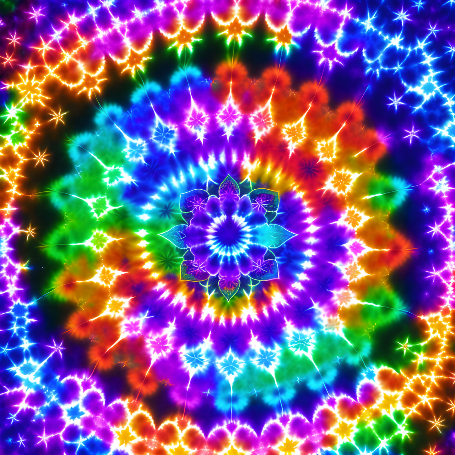 Vibrant kaleidoscopic mandala pattern with neon colors and star-like light flares