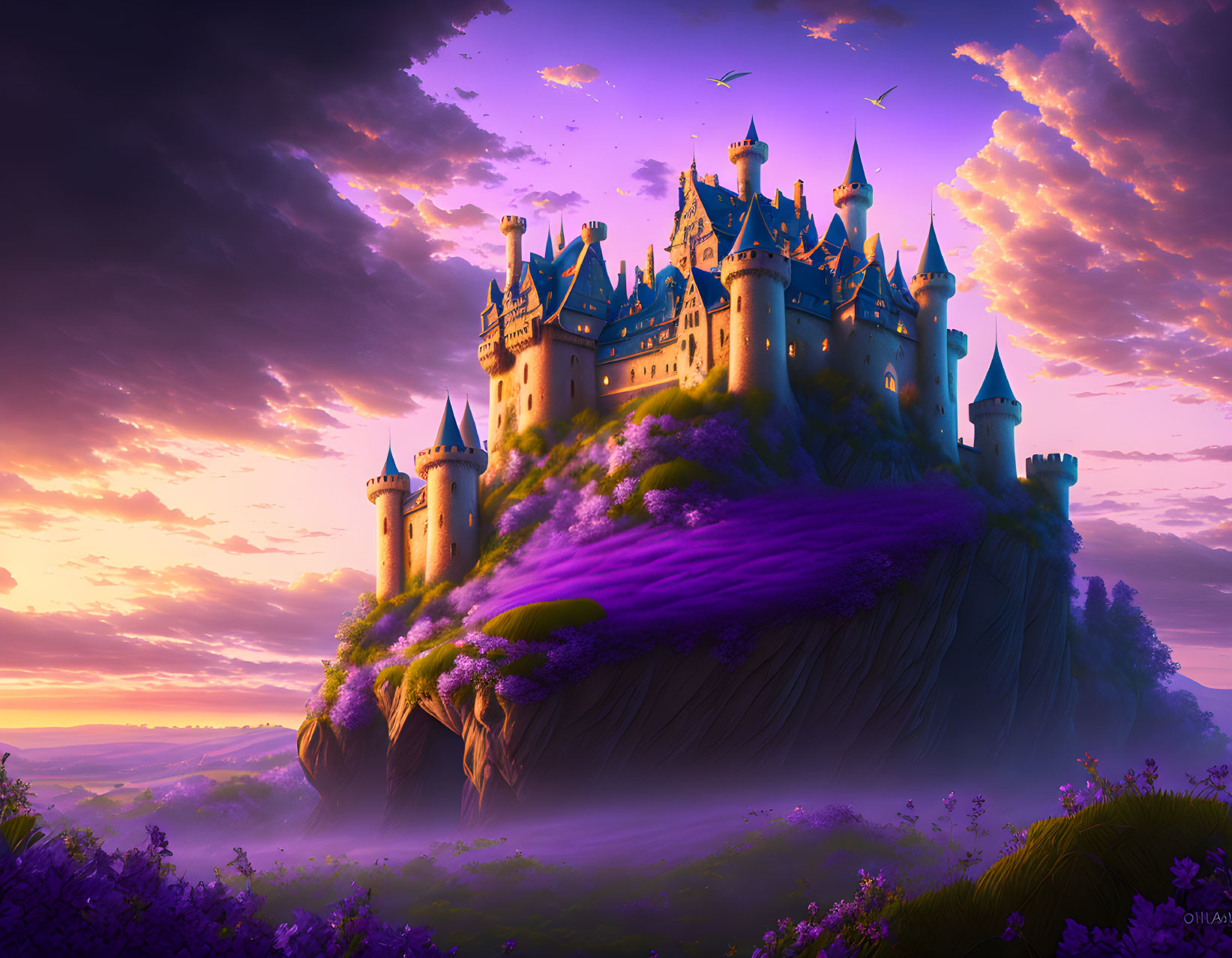 Majestic castle on lush cliff at purple sunset with flowers and birds