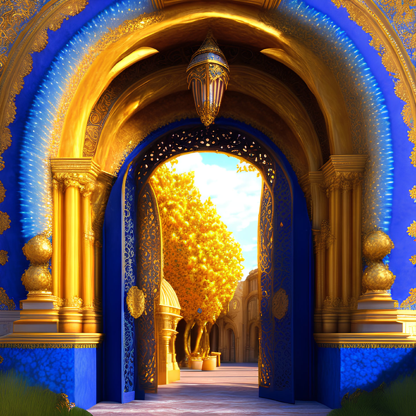 Intricate blue and gold archway framing golden tree in sunlight