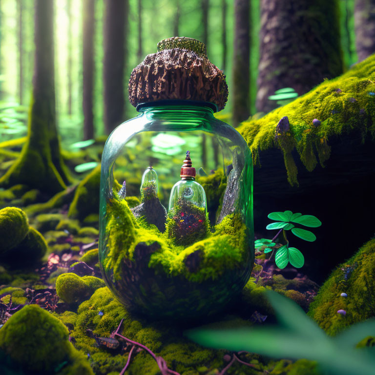 Glass jar with cork lid, bottle, and mushrooms in mossy forest setting with soft sunlight.