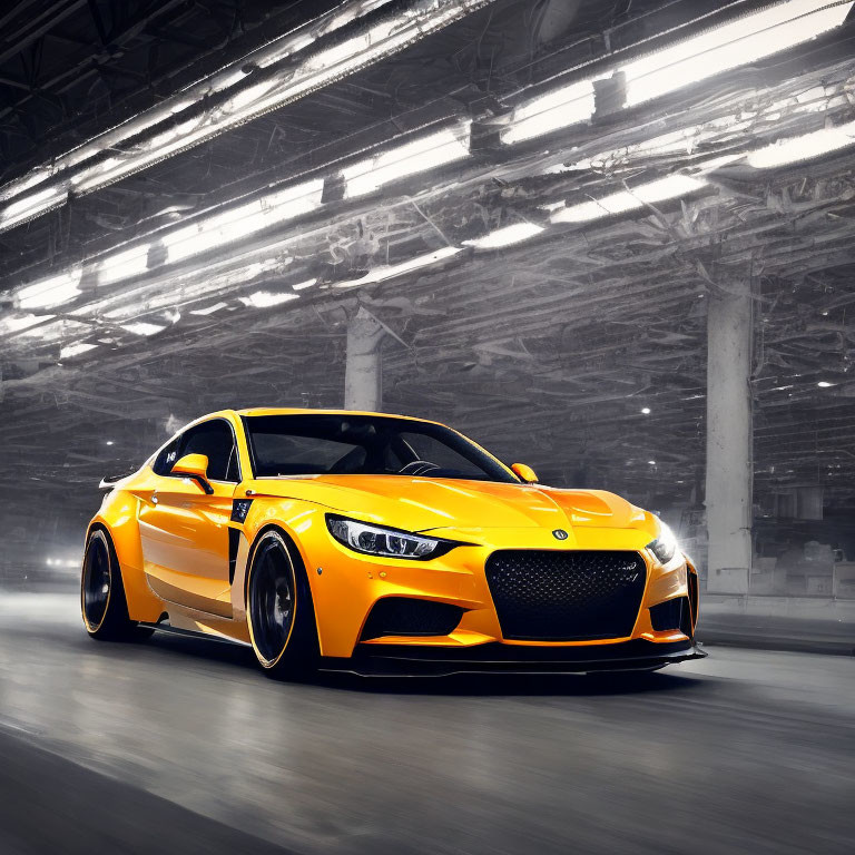 Sleek yellow sports car in industrial warehouse flaunts modern design.