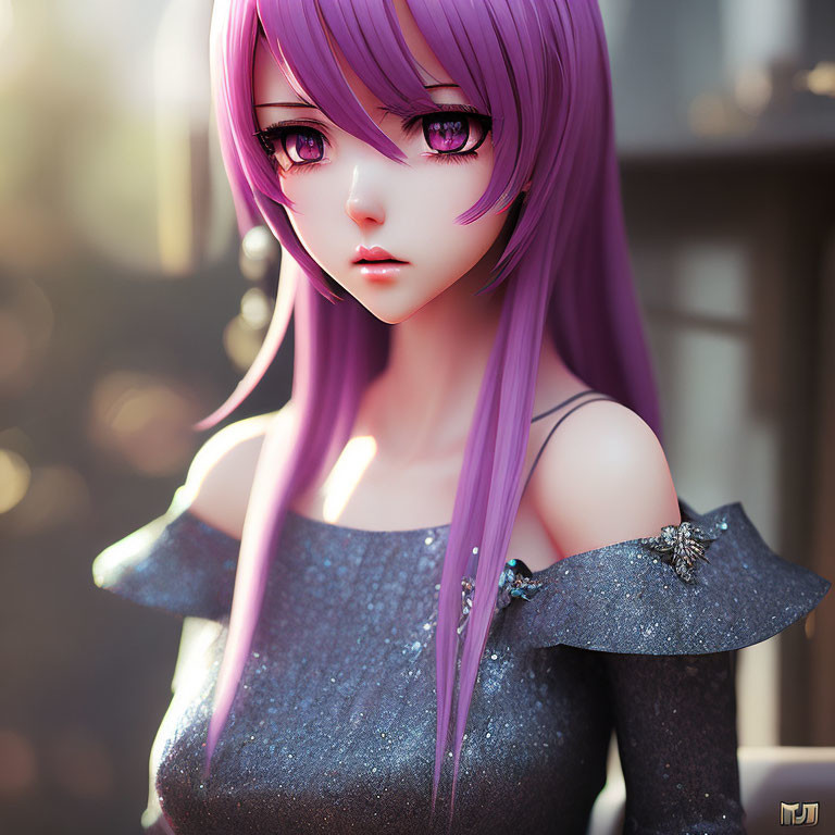 Digital artwork featuring female character with large purple eyes, long lavender hair, and sparkly off-should