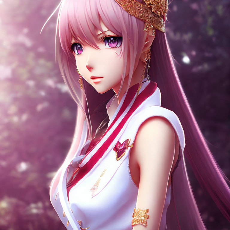 Digital artwork: Female character with pink hair, purple eyes, white and gold outfit in mystical forest