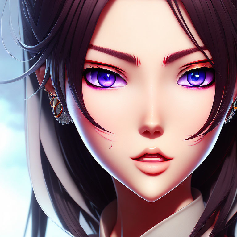 Detailed close-up of female character with purple eyes, fair skin, dark hair, and intricate earring