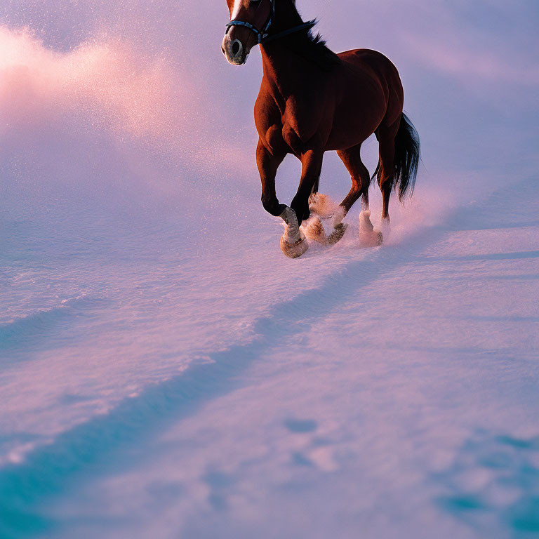 Galloping Horse in Snowy Landscape at Winter Sunset