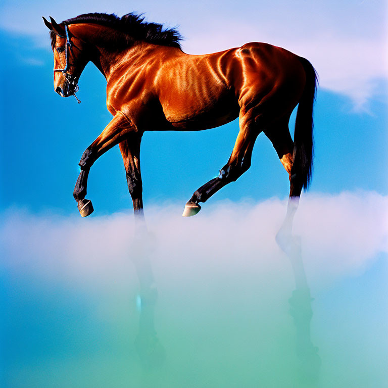 Chestnut Horse Trotting Above Clouds in Clear Blue Sky