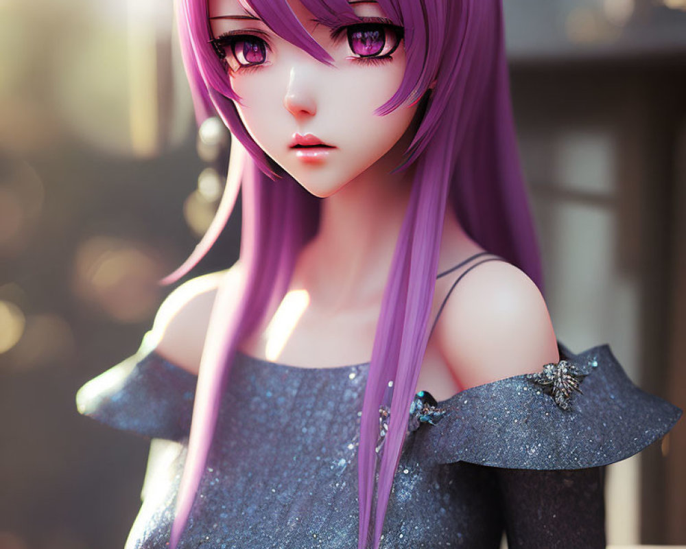 Digital artwork featuring female character with large purple eyes, long lavender hair, and sparkly off-should