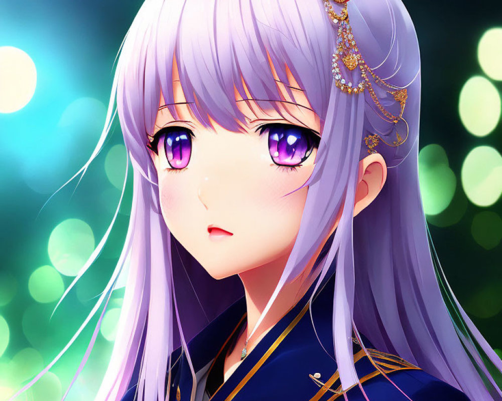 Purple-haired anime girl with golden hair accessory on bokeh light background