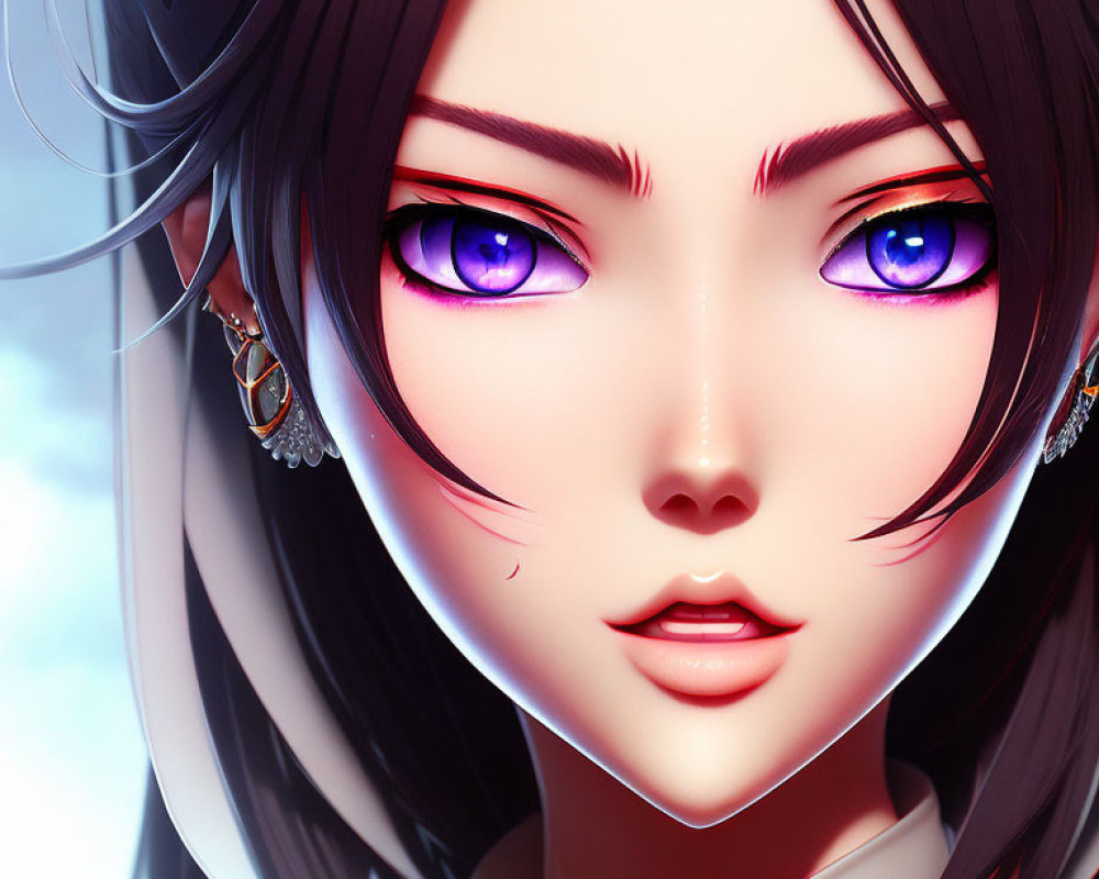 Detailed close-up of female character with purple eyes, fair skin, dark hair, and intricate earring