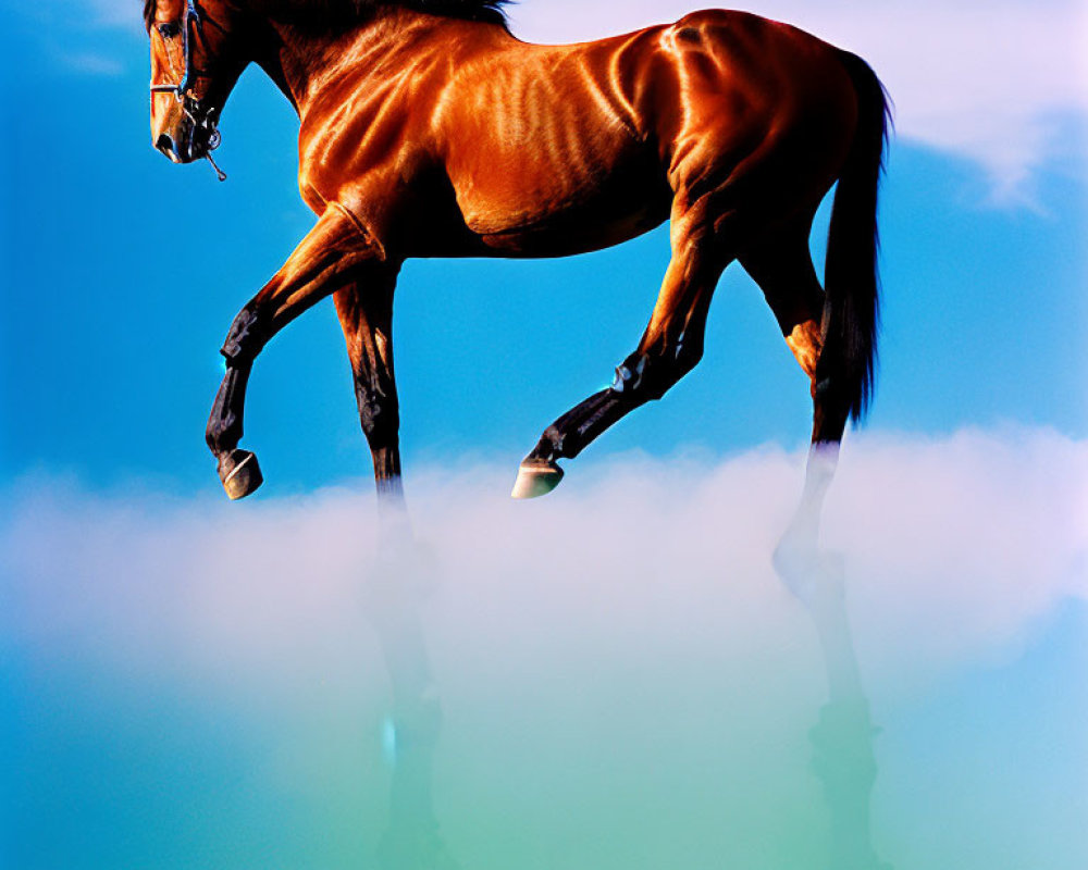 Chestnut Horse Trotting Above Clouds in Clear Blue Sky