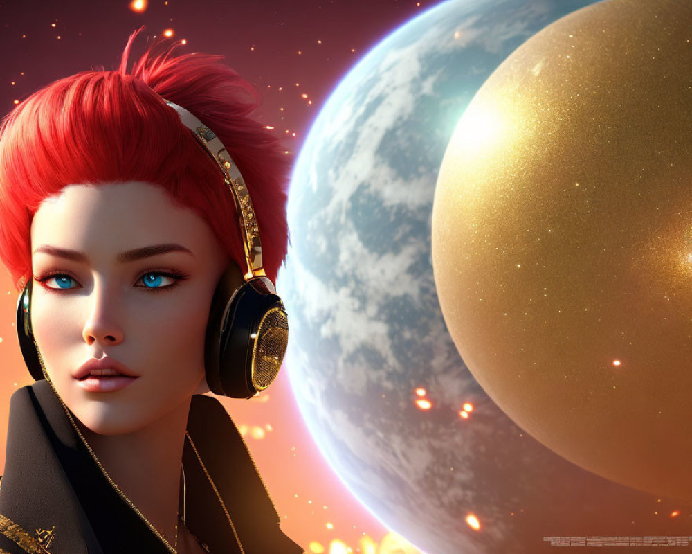 Digital artwork of person with red hair and blue eyes in space setting.