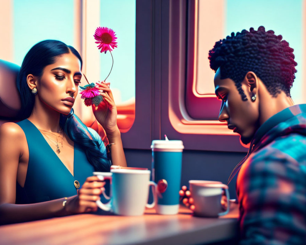 Colorful diner scene: Woman smelling flower, man looking down, coffee cups on table