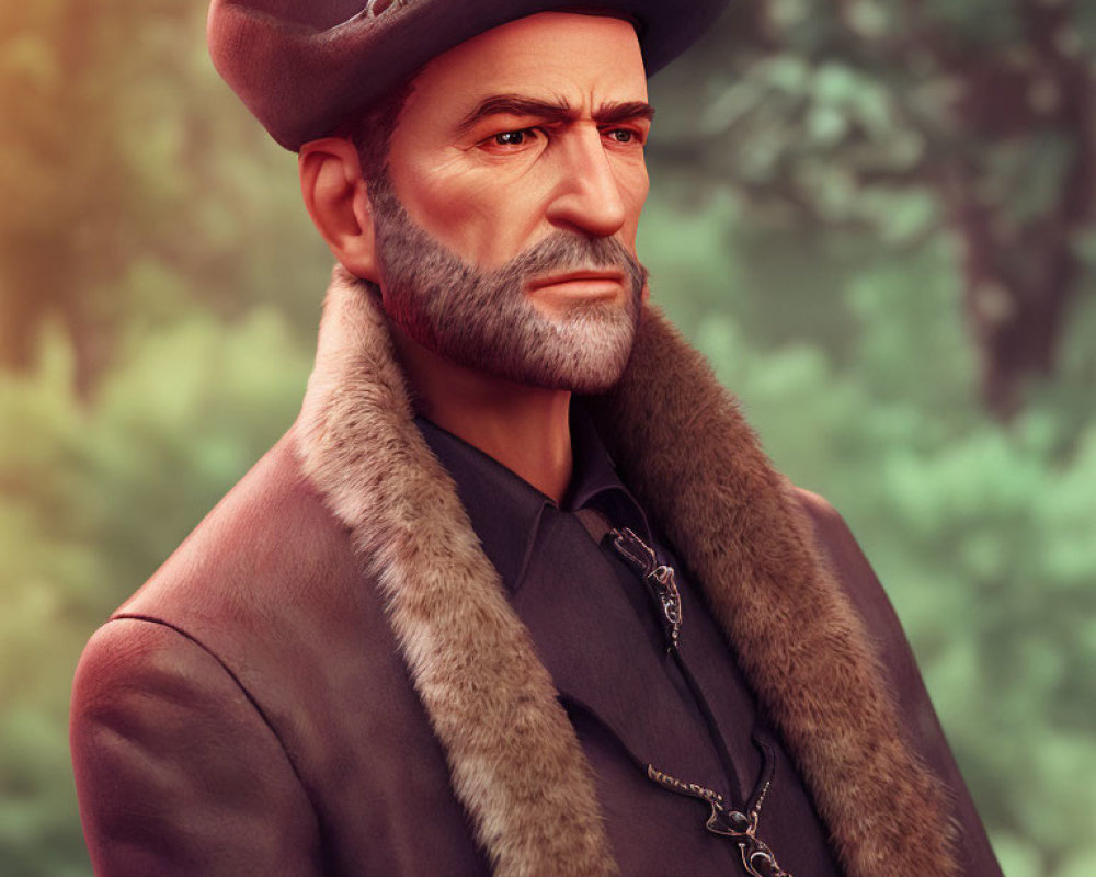 Stern 3D Rendered Man Portrait with Beard and Beret