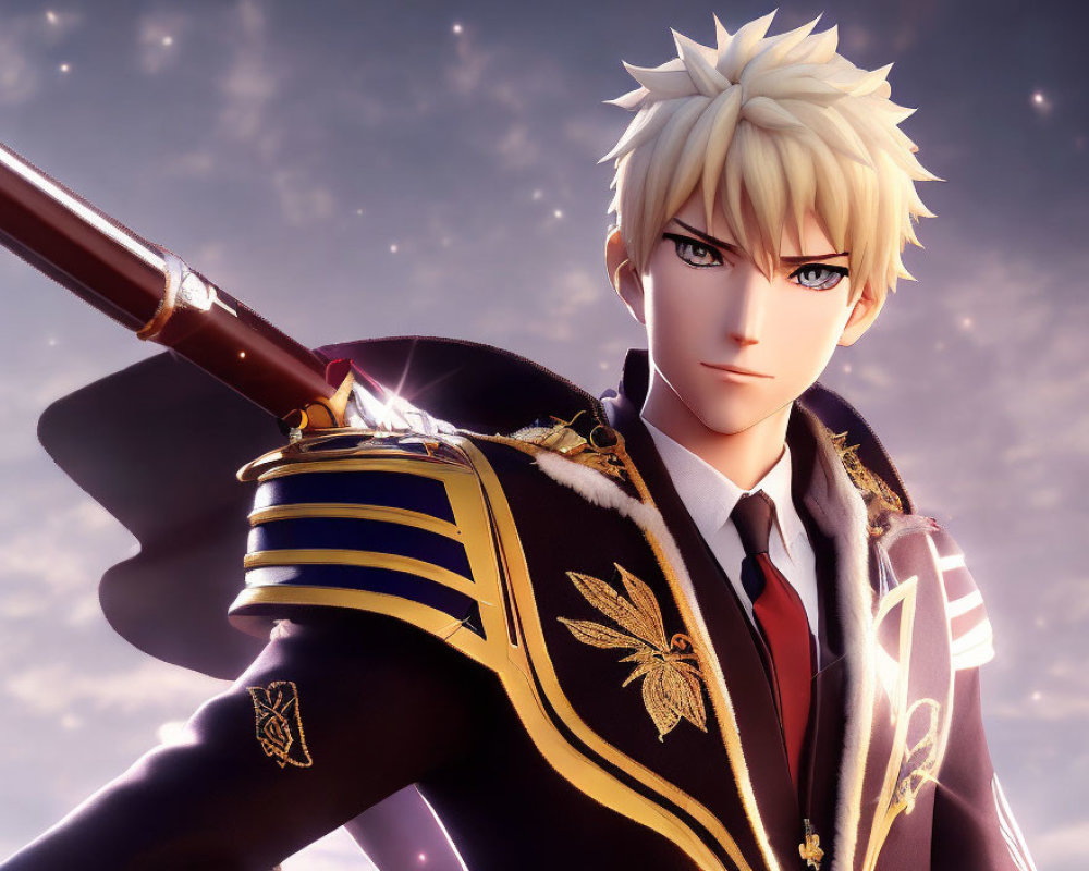 Blonde anime-style male character in military uniform with sword against twilight sky