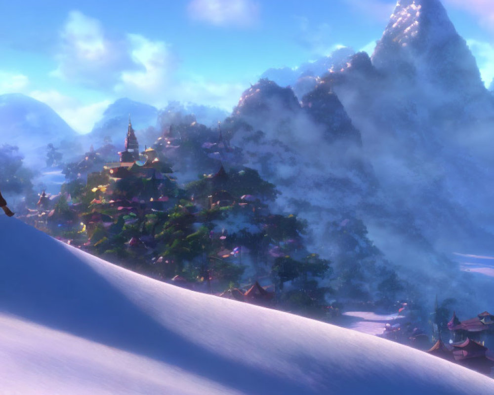 Snowy village with mountains, traditional buildings, and pagoda under blue sky