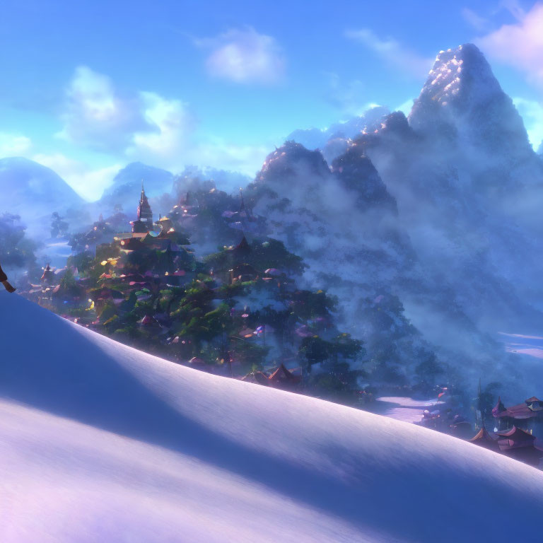 Snowy village with mountains, traditional buildings, and pagoda under blue sky