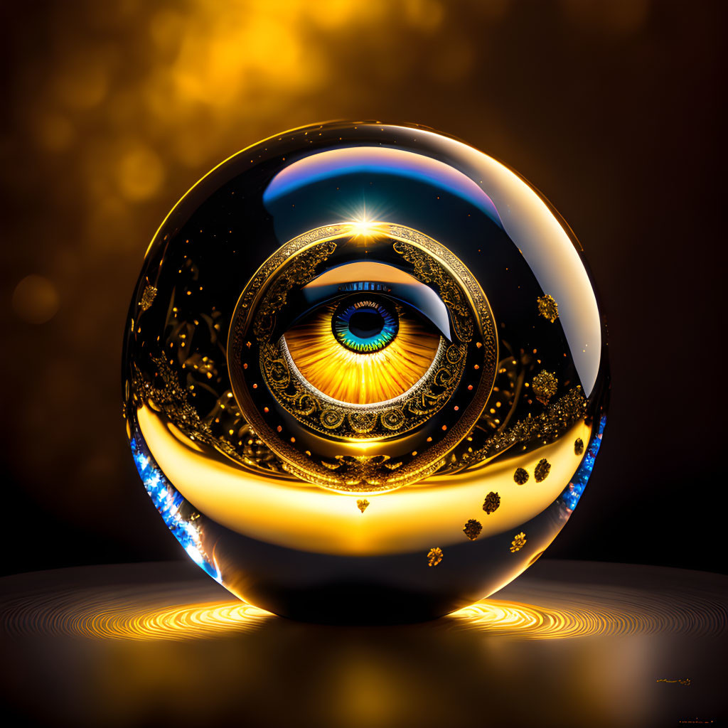 Detailed eye design on glossy sphere with golden ornate patterns on dark background