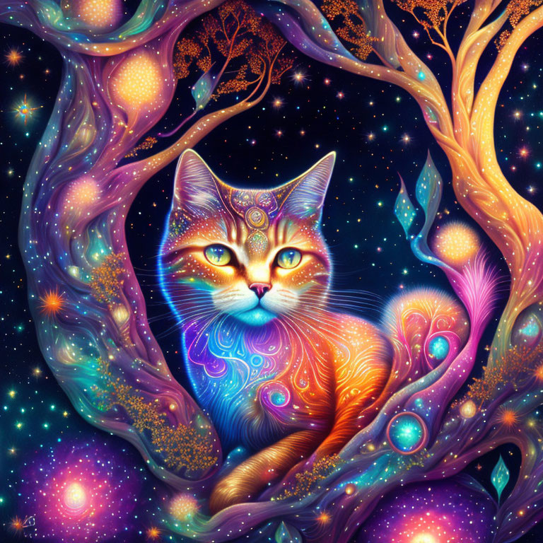 Colorful mystical cat in whimsical forest on starry background