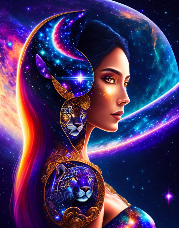 Woman with Space-themed Elements on Cosmic Background