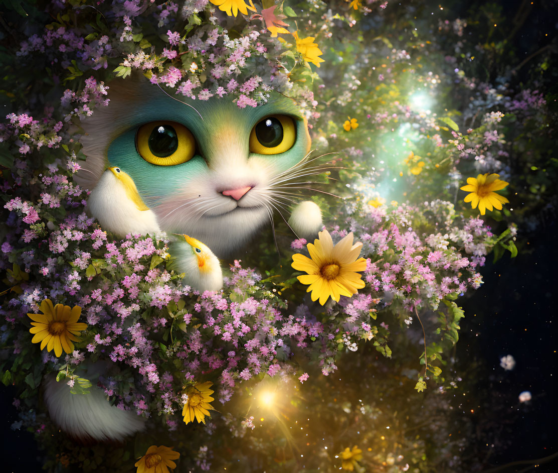 Whimsical cat with expressive eyes in vibrant floral scene with birds