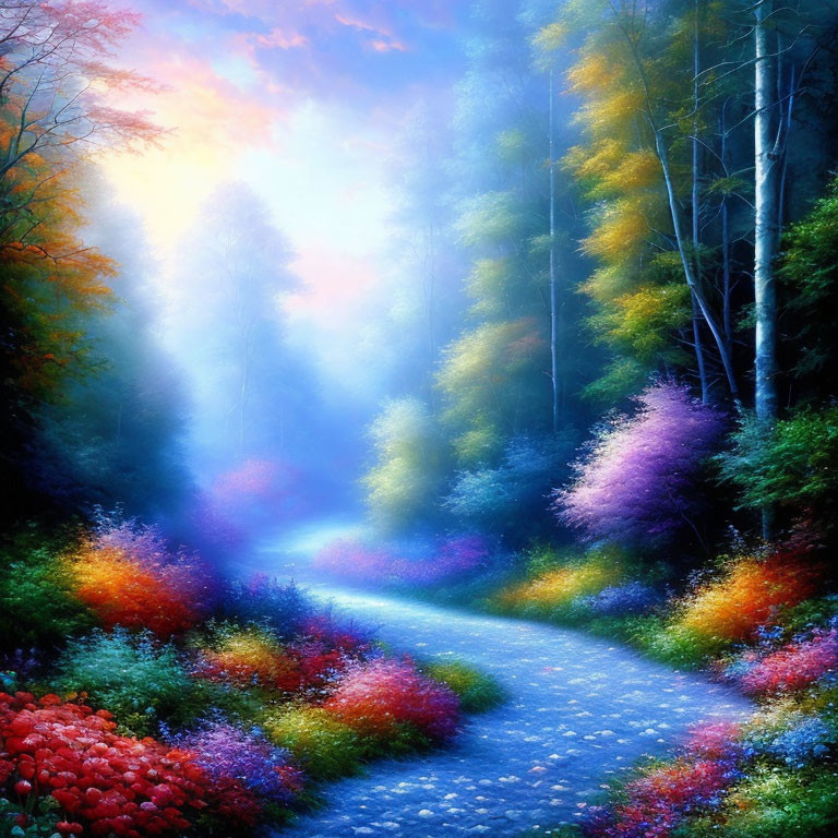 Vivid Forest Scene with Misty Pathway and Colorful Flora