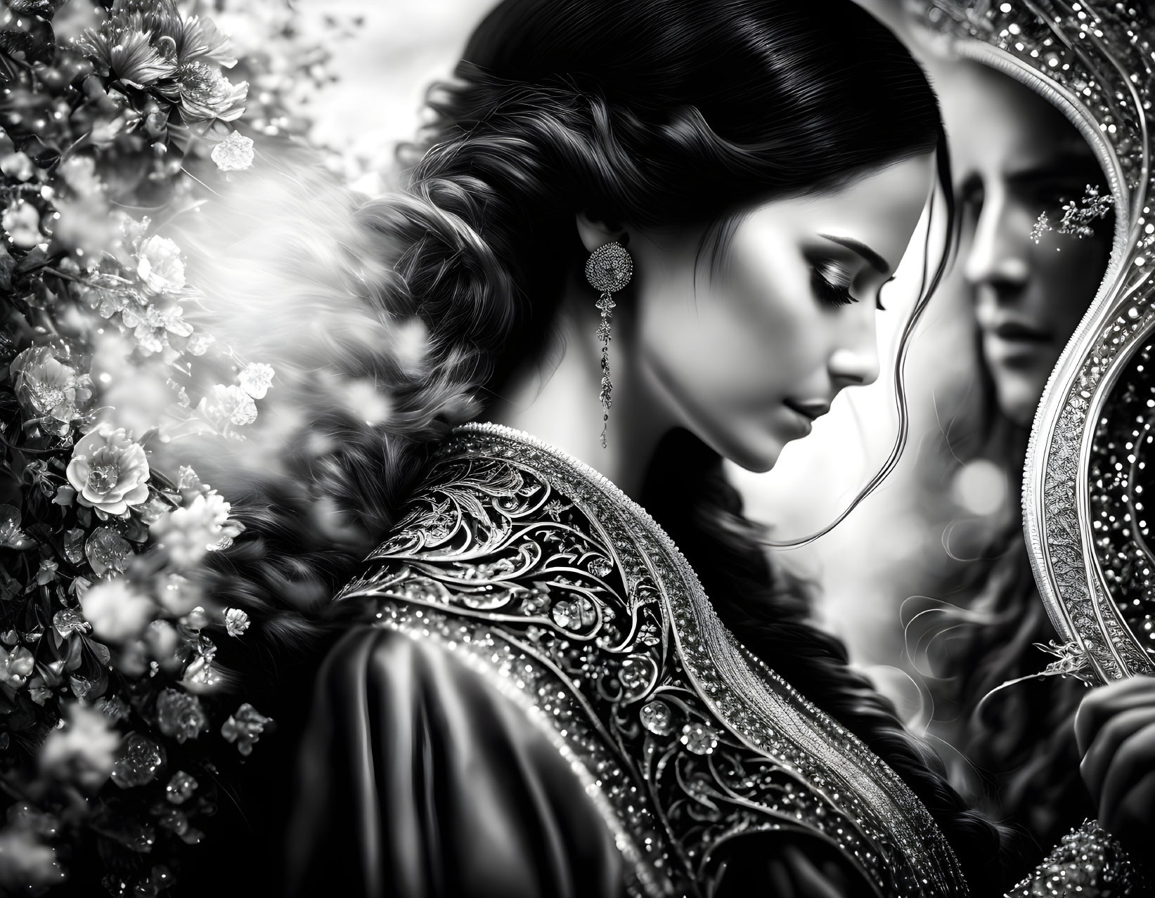 Monochrome digital portrait of elegant woman with embroidered attire