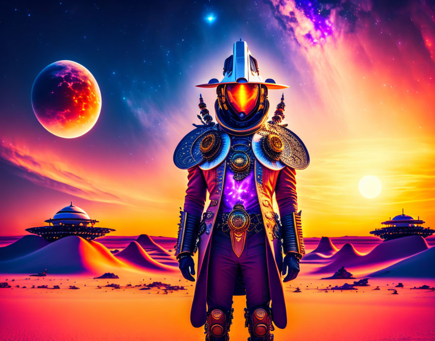 Futuristic astronaut in ornate armor on desert planet with moons and hovercrafts