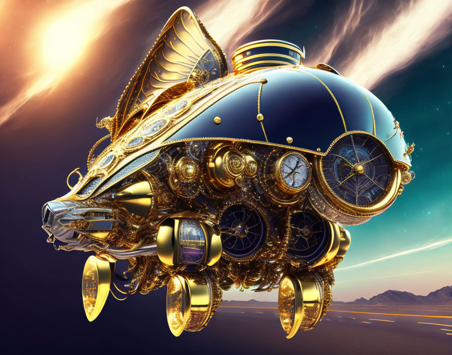 Golden mechanical fish with clock elements in surreal desert sunset.