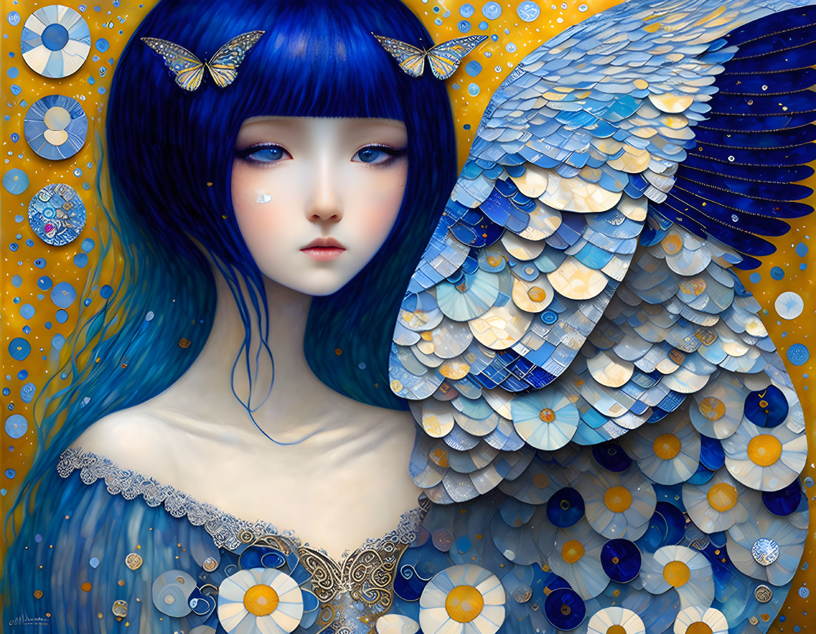 Blue-haired female figure with butterfly accessories and shimmering wings in gold and blue backdrop