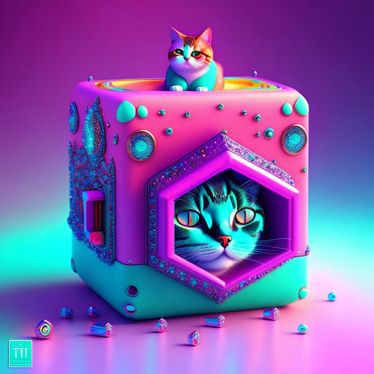 Vibrant digital artwork featuring surreal cubic structure with cat faces and rainbow-colored cat.