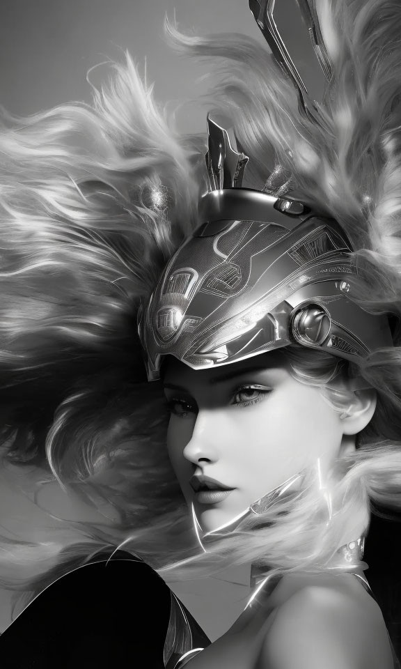 Monochrome image of woman with futuristic helmet and billowing blonde hair.