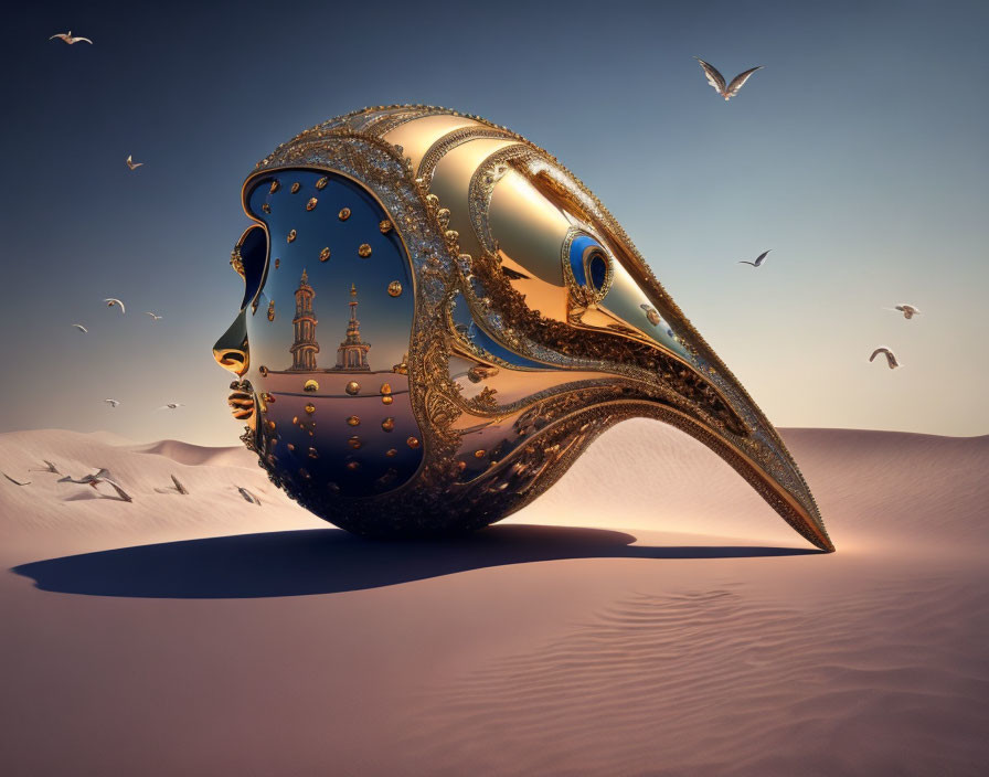 Intricate golden mask sculpture with city emerging in desert landscape