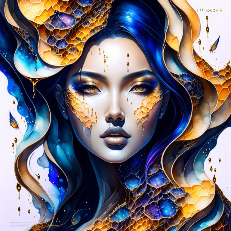 Digital portrait of woman with blue hair, honeycomb patterns, gold accents, and butterfly motifs