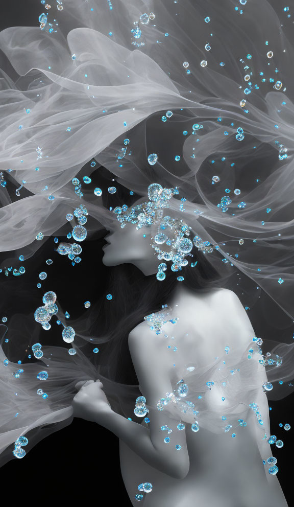 Monochromatic silhouette of woman with flowing fabric and blue bubbles