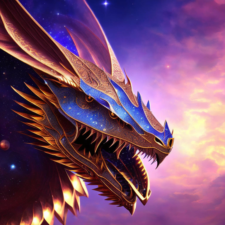 Golden dragon with cosmic patterns in twilight sky