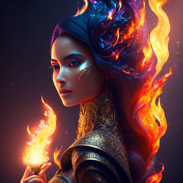 Woman with blue & fiery orange flame-like hair in gold armor holding fire