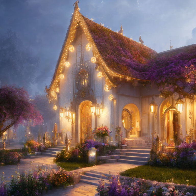 Fairytale Cottage with Purple Flowers and Soft Lights at Twilight