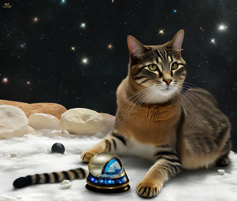 Tabby Cat on Cosmic Background with Space Scene and Rocks