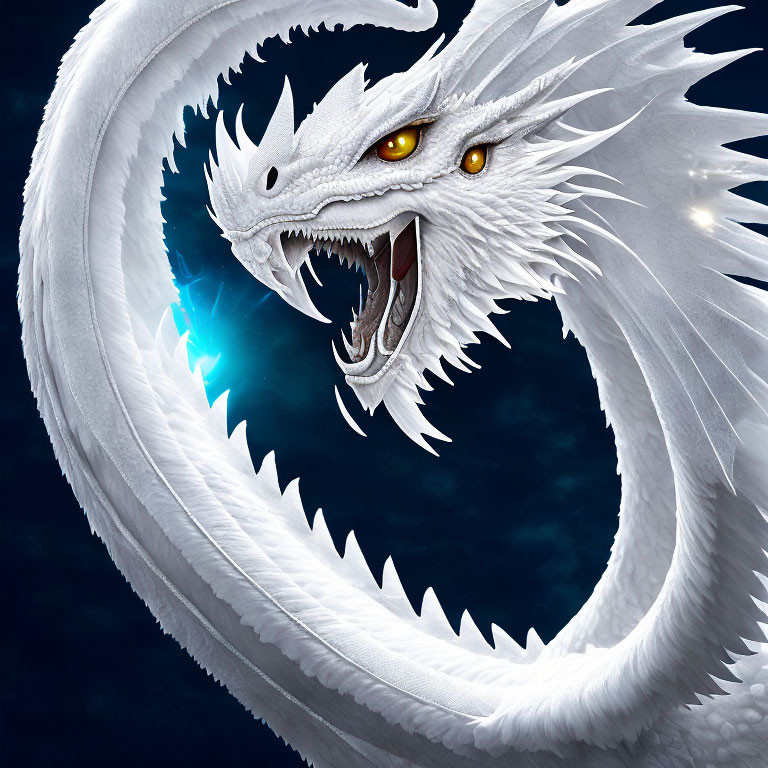 White Dragon with Glowing Eyes in Dark Starry Background